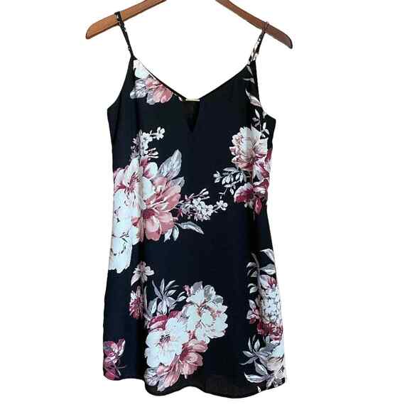 Socialite Mini Slip Dress Tunic Top Black Floral Spaghetti Straps Keyhole Neck - Picture 1 of 6